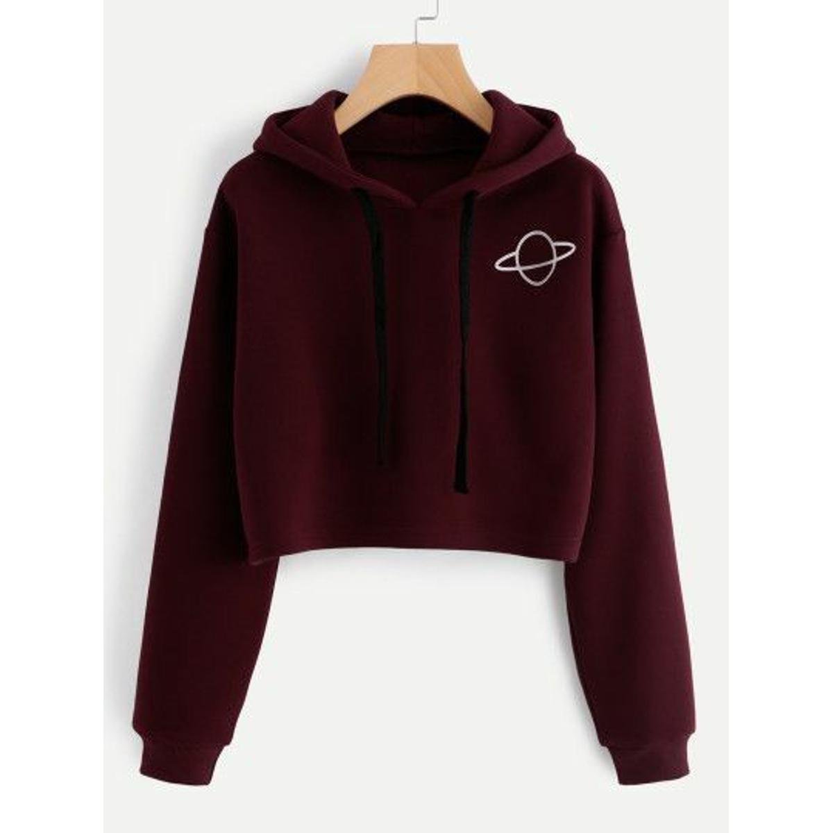 Maroon Planet Printed Fleece Full Sleeves Cropped Pull Over Hoodie For Women - HB INDUSTRIES - Hoodies & Sweatshirts - 