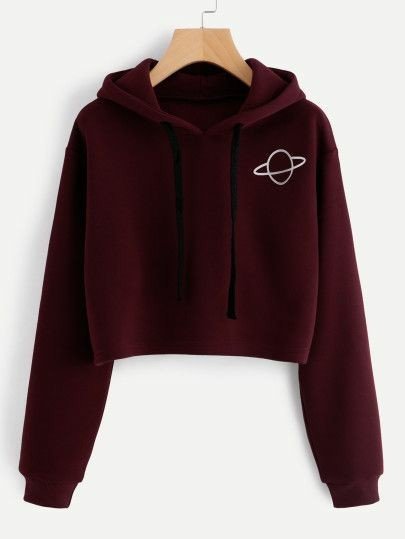Maroon Planet Printed Fleece Full Sleeves Cropped Pull Over Hoodie For Women - HB INDUSTRIES - Hoodies & Sweatshirts - 