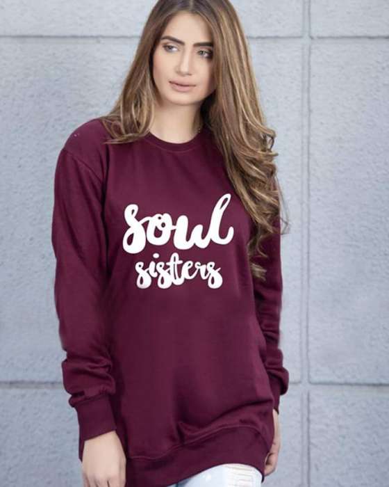 Maroon Soul Sisters Printed Sweat Shirt For Women - HB INDUSTRIES - Hoodies & Sweatshirts - 