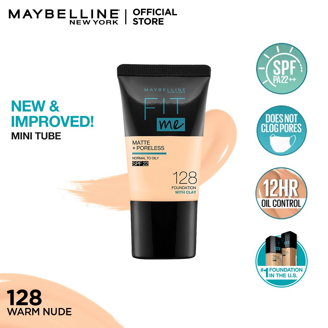 Maybelline New York Fit Me Matte & Poreless Liquid Foundation 18Ml Mini Tube - 128 Warm Nude - For Normal To Oily Skin - HB INDUSTRIES - Face - 