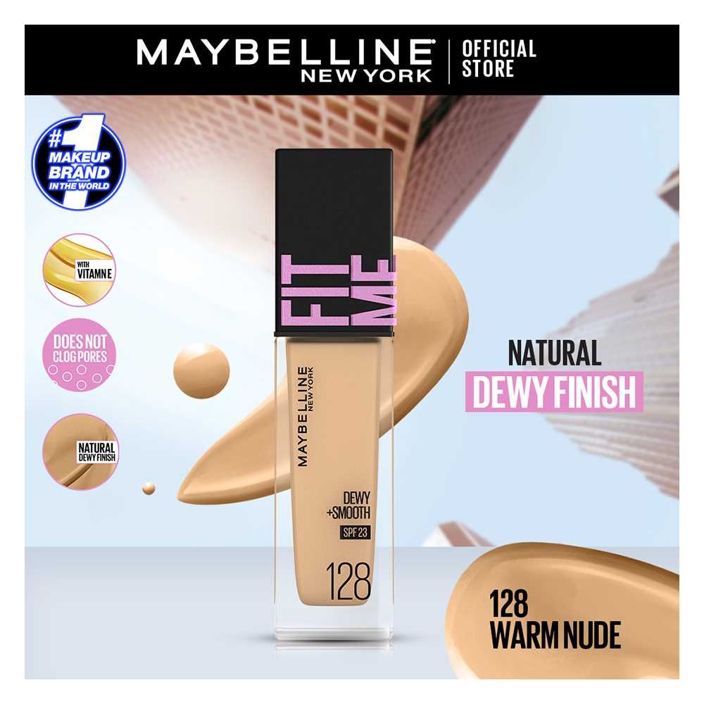 Maybelline Ny New Fit Me Dewy + Smooth Liquid Foundation Spf 23 - 128 Warm Nude 30Ml - For Normal To Dry Skin - HB INDUSTRIES - Face - 