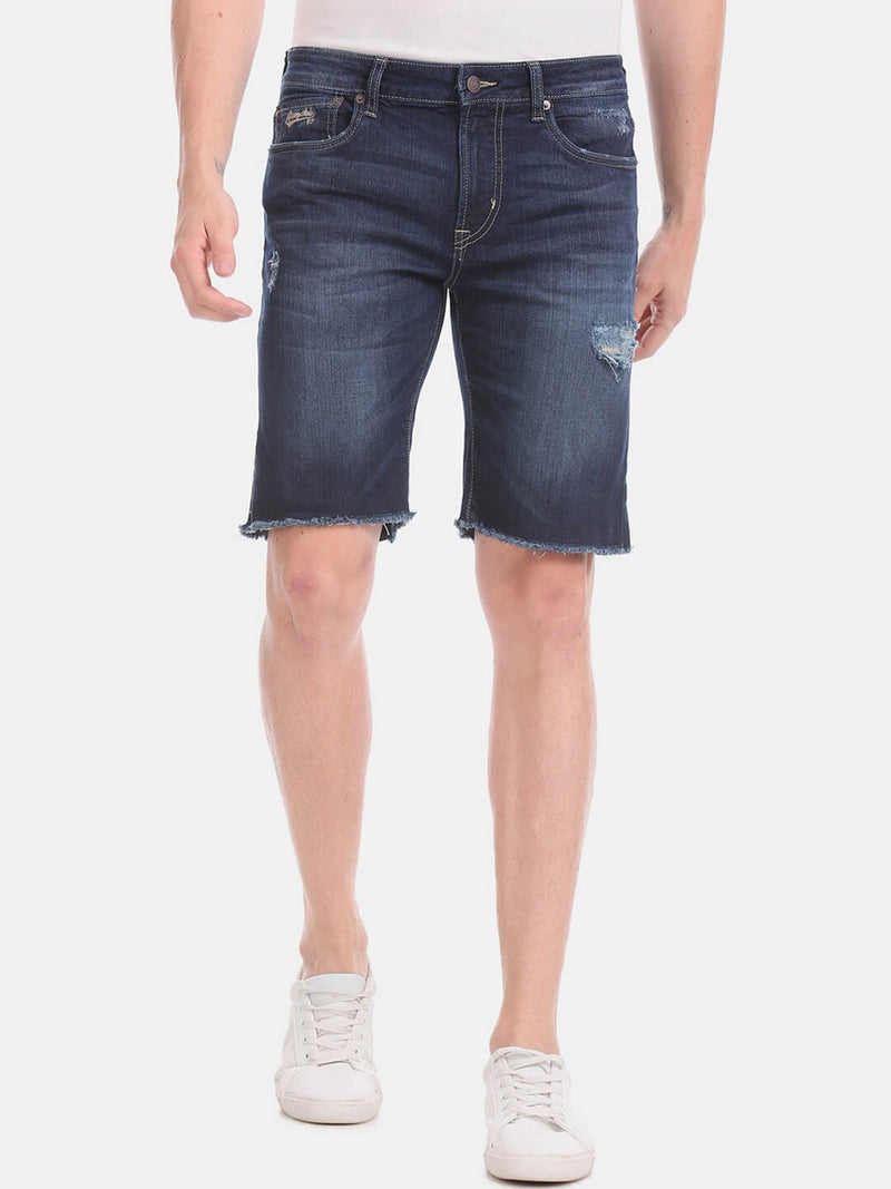 Men Blue Washed Slim Fit Denim Shorts - HB INDUSTRIES - Shorts - 