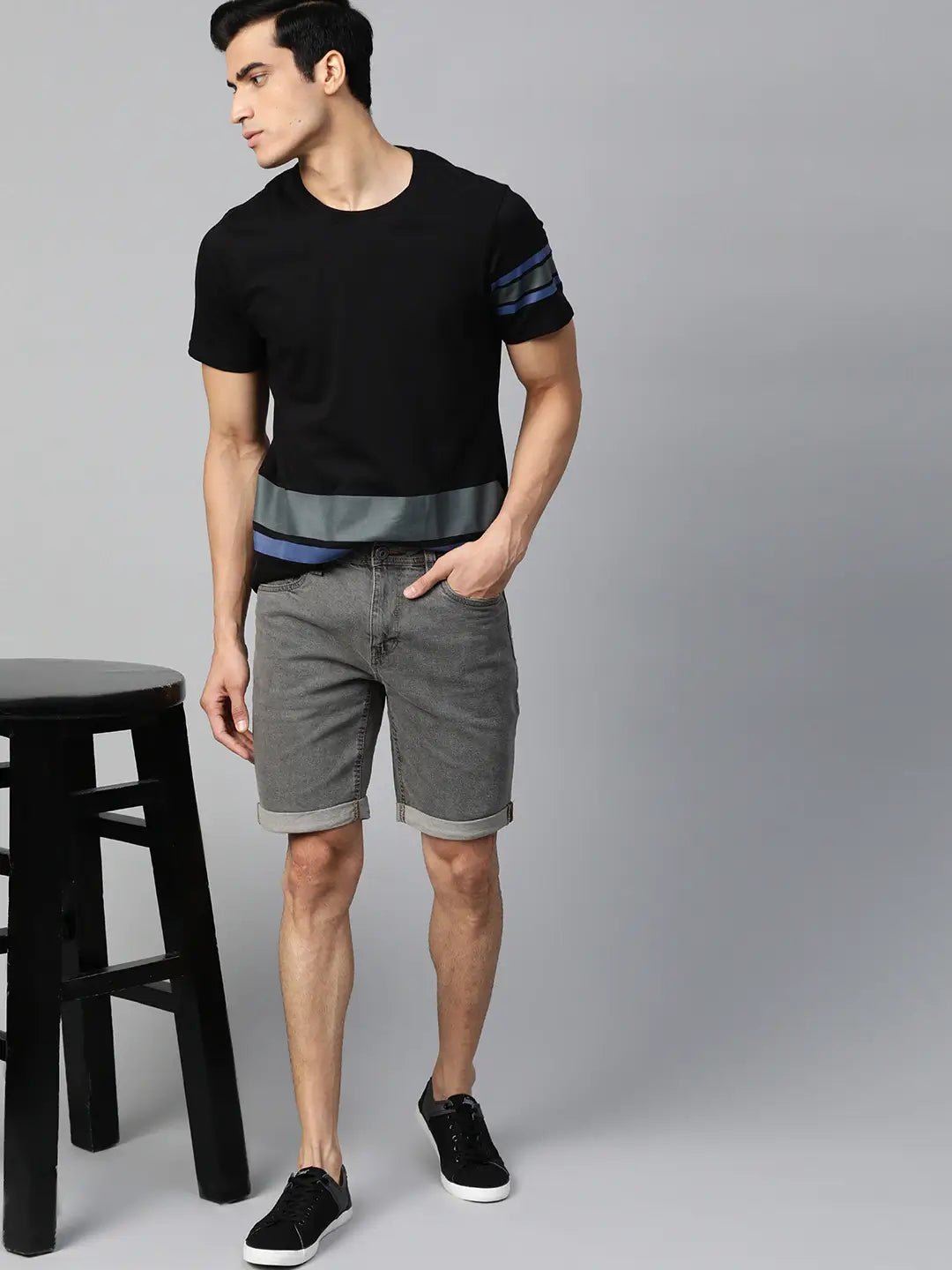 Men Charcoal Grey Washed Regular Fit Denim Shorts - HB INDUSTRIES - Shorts - 