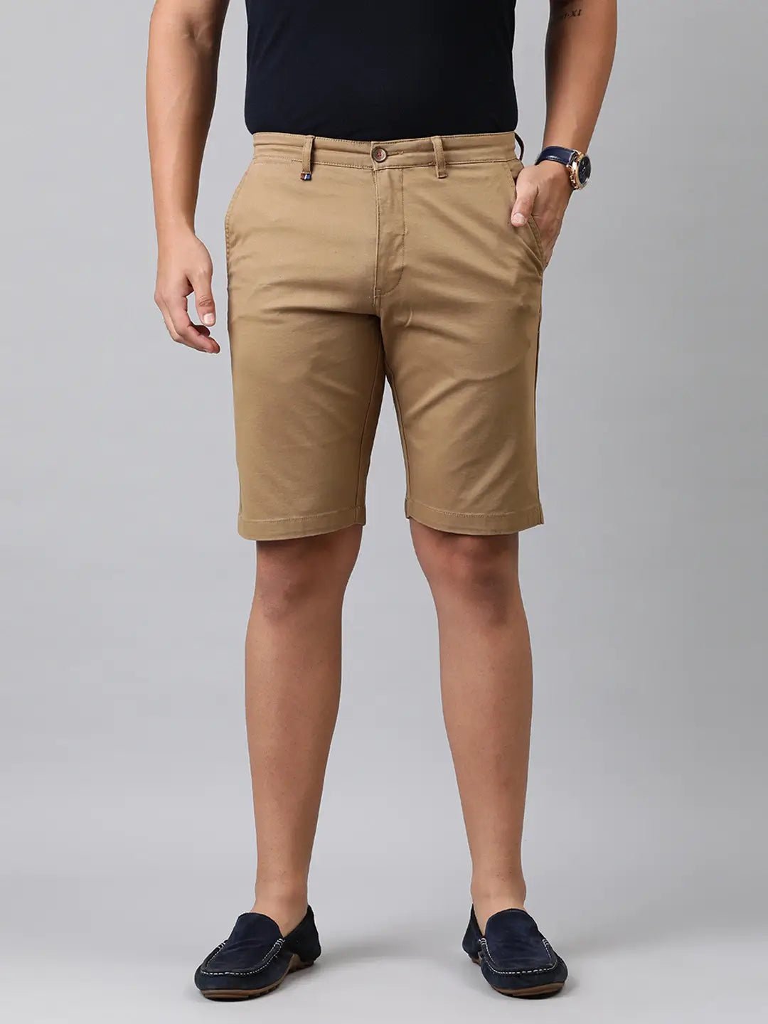 Men Khaki - Coloured Solid Slim Fit Regular Shorts - HB INDUSTRIES - Shorts - 