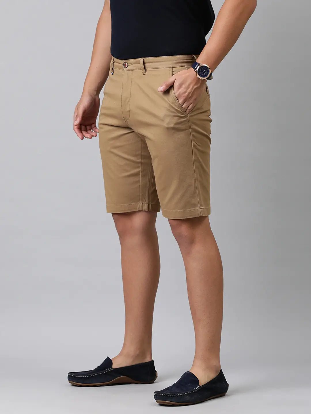 Men Khaki - Coloured Solid Slim Fit Regular Shorts - HB INDUSTRIES - Shorts - 