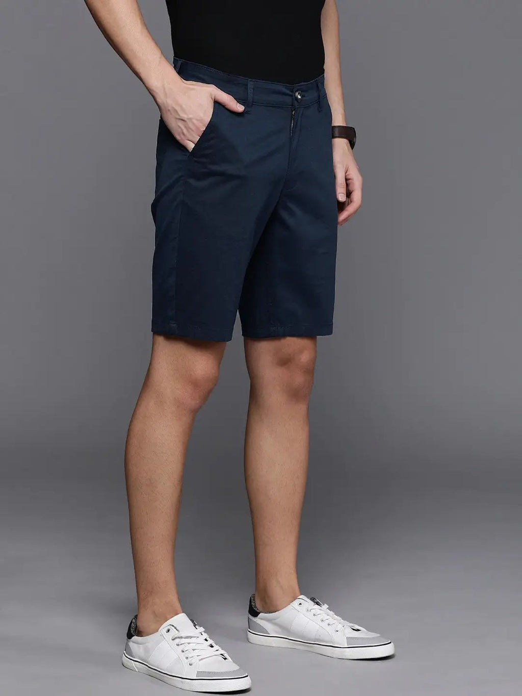 Men Navy Blue Solid Slim Fit Chino Shorts - HB INDUSTRIES - Shorts - 