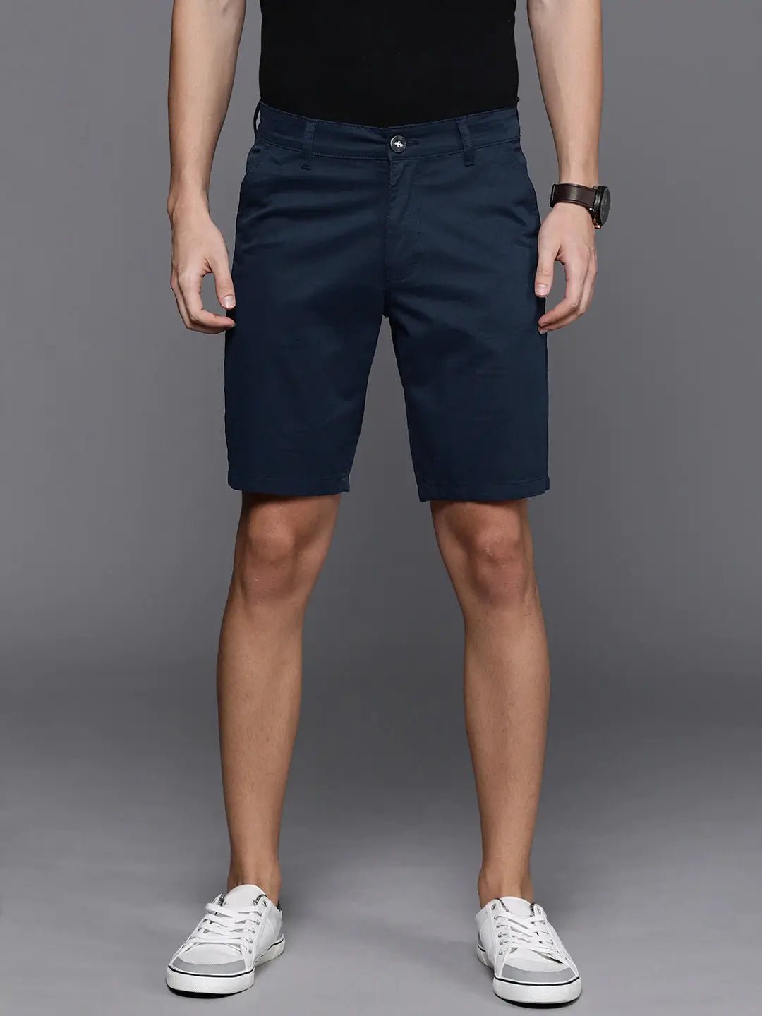 Men Navy Blue Solid Slim Fit Chino Shorts - HB INDUSTRIES - Shorts - 