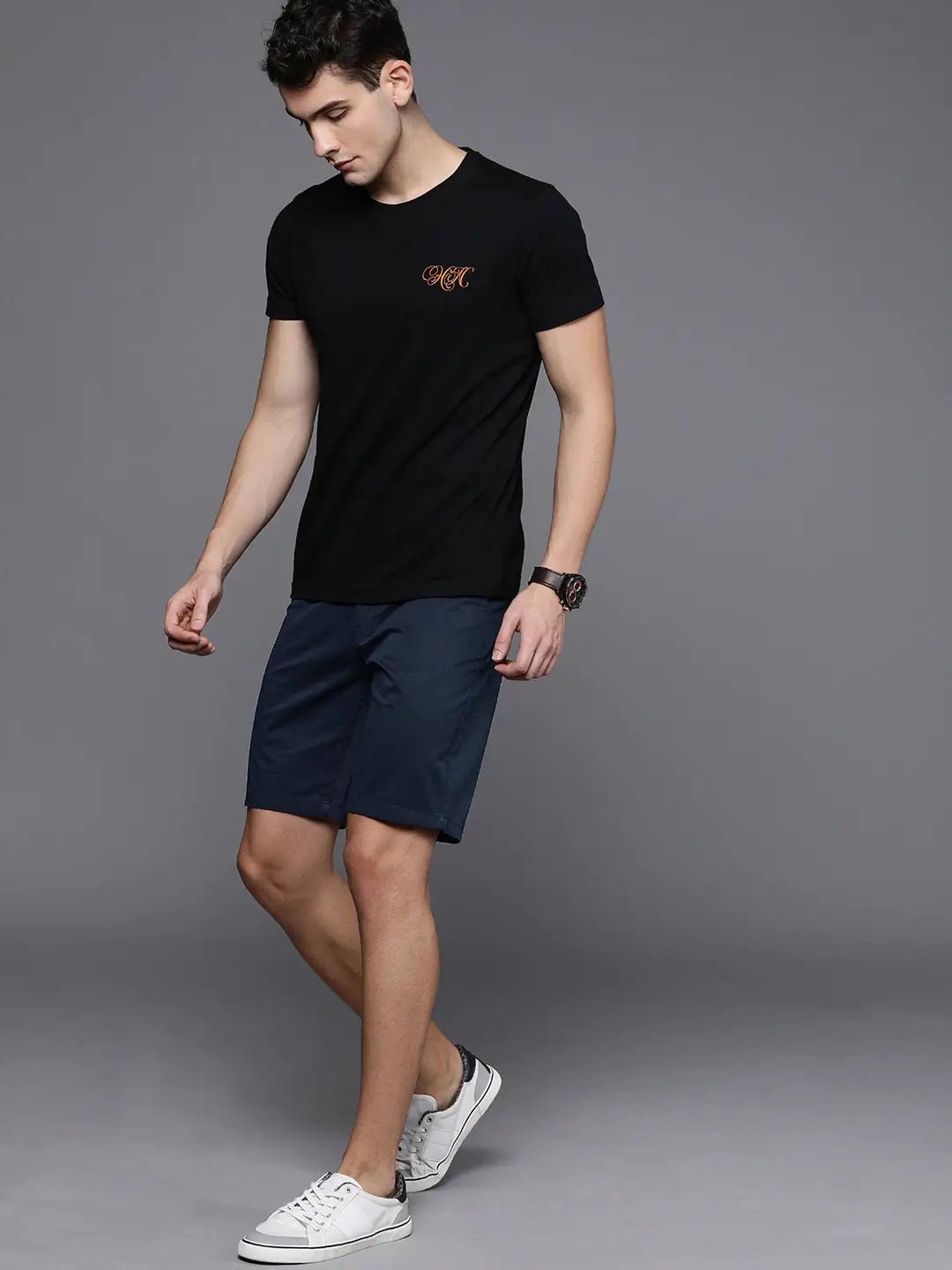 Men Navy Blue Solid Slim Fit Chino Shorts - HB INDUSTRIES - Shorts - 