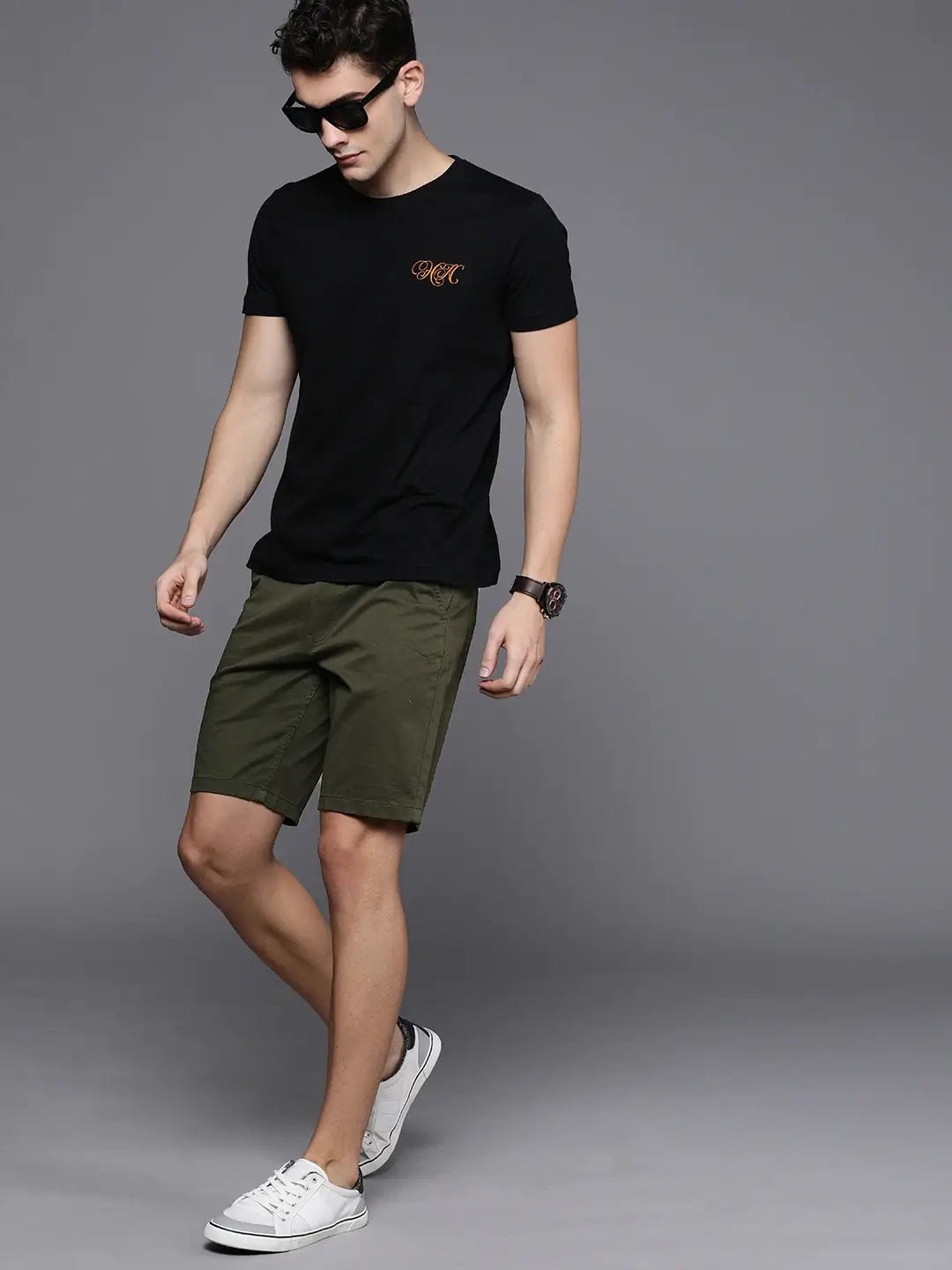 Men Olive Green Solid Slim Fit Chino Shorts - HB INDUSTRIES - Shorts - 