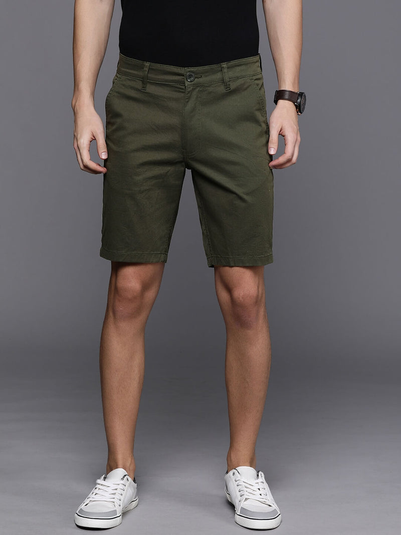 Men Olive Green Solid Slim Fit Chino Shorts - HB INDUSTRIES - Shorts - 