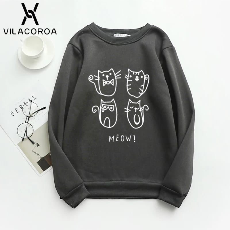 Meow Fleece Full Sleeves Pull Over Sweatshirt For Women - HB INDUSTRIES - Hoodies & Sweatshirts - 