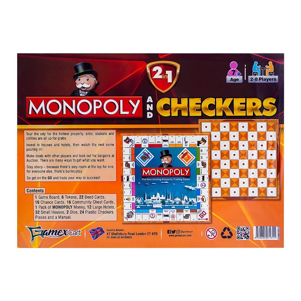 Monopoly And Checker 2 - In - 1 Board Game, For 7+ Years - HB INDUSTRIES - Board Games - 