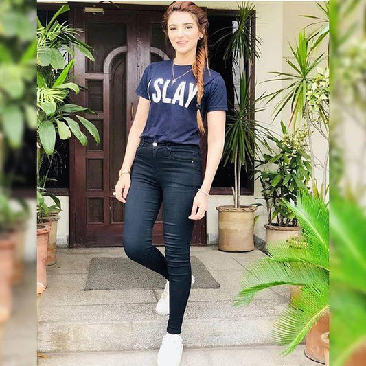 Navy Blue I Slay Cotton Printed T - shirt For Womens - HB INDUSTRIES - Tops & T - Shirts - 