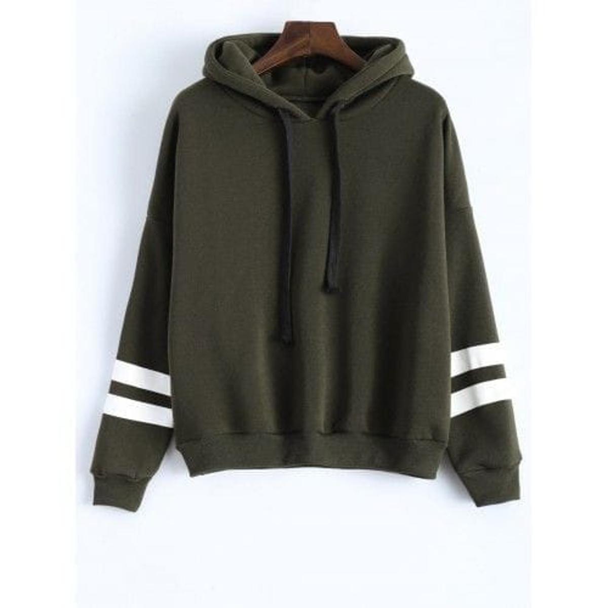 Olive Green Stripes Printed Fleece Full Sleeves Pull Over Hoodie For Women - HB INDUSTRIES - Hoodies & Sweatshirts - 