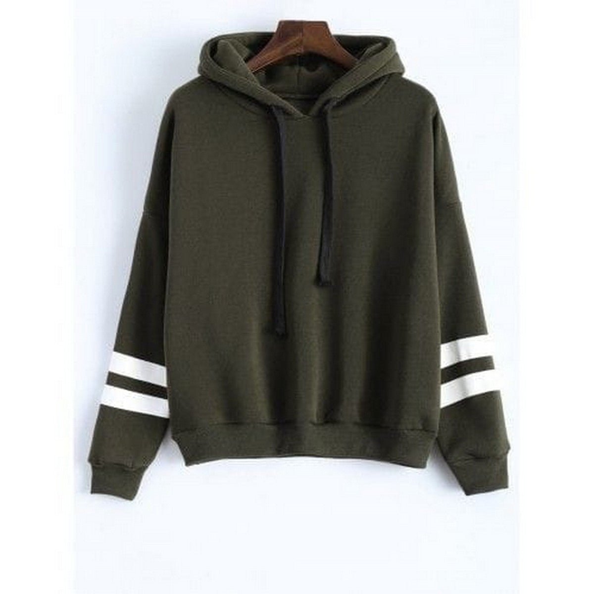 Olive Green Stripes Printed Fleece Full Sleeves Pull Over Hoodie For Women - HB INDUSTRIES - Hoodies & Sweatshirts - 