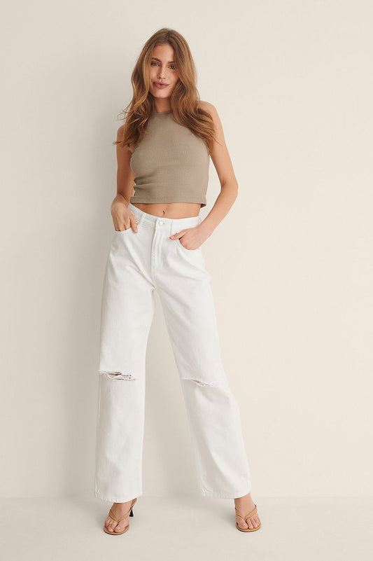 Organic Soft Rigid Wide Leg Destroyed Jeans For Womens - HB INDUSTRIES - Jeans - 