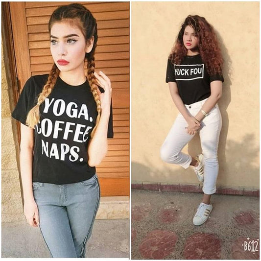 Pack Of 2 - Black Yoga Power Nap and Black Yuck Fou Cotton Printed T - Shirt - HB INDUSTRIES - Tops & T - Shirts - 