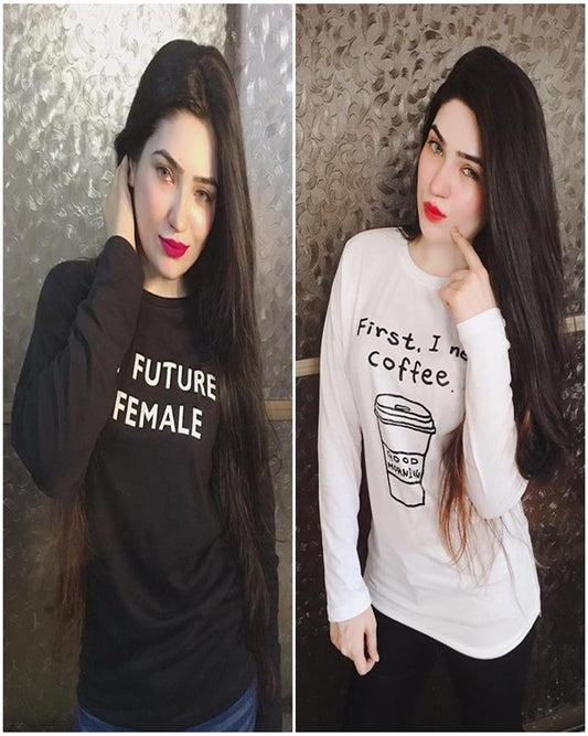 Pack Of 2 - BlackWhite Cotton Printed T - Shirt For Women - HB INDUSTRIES - Tops & T - Shirts - 