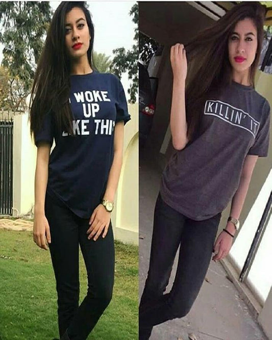 Pack Of 2 - Blue Cotton Printed T - Shirts For Women - HB INDUSTRIES - Tops & T - Shirts - 