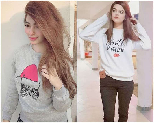 Pack of 2 Heatwomens Grey Santa Cat and White Power Printed Sweatshirts For Women s - HB INDUSTRIES - Hoodies & Sweatshirts - 