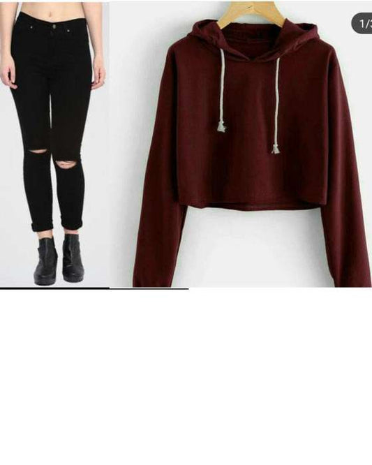 PACK OF 2 MAROON CROPPED HOODIE ND BLACK RIPED JEANS FOR WOMEN - HB INDUSTRIES - Hoodies & Sweatshirts - 