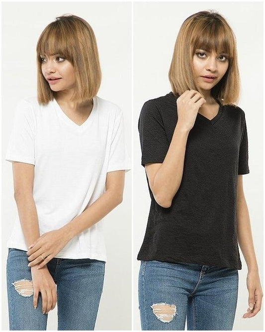 Pack of 2 - White and Black Cotton V - Neck T - Shirts For Women - HB INDUSTRIES - Tops & T - Shirts - 