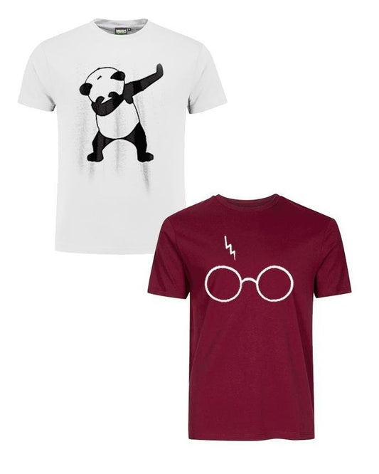 Pack Of 2 - White Panda Dap and Maroon Harry Glasses Cotton Printed T - Shirt - HB INDUSTRIES - Tops & T - Shirts - 