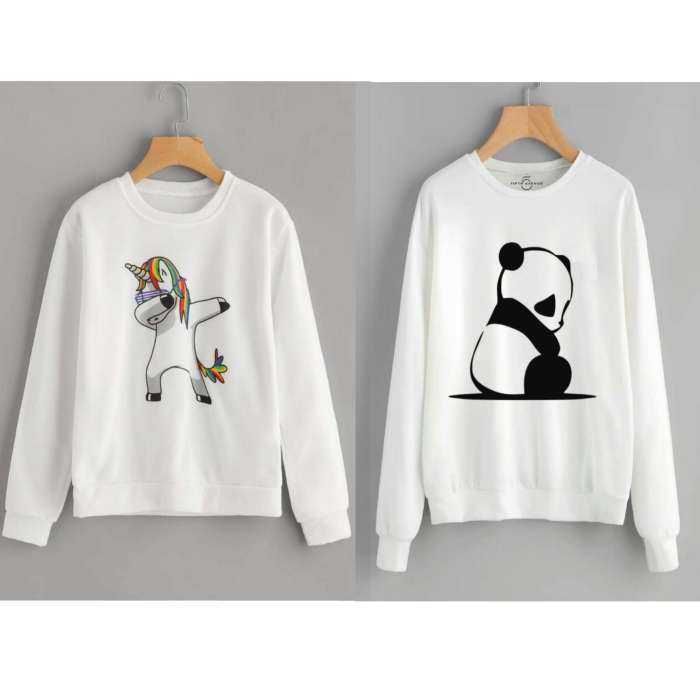 Pack of 2 White Unicorn Dap and Panda Sitting Printed Sweatshirts For Women - HB INDUSTRIES - Hoodies & Sweatshirts - 