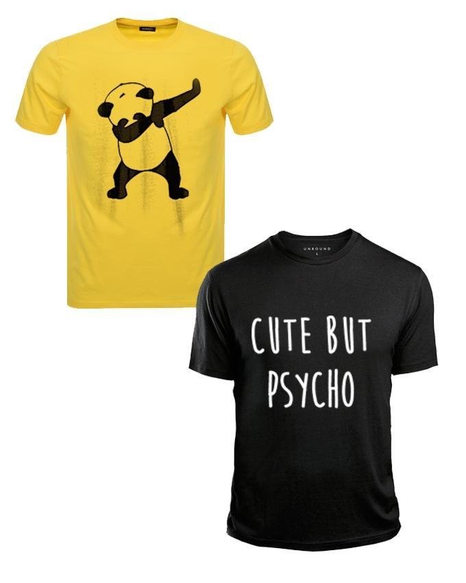 Pack Of 2 - Yellow Panda Dap and Black Cute But Psycho Cotton Printed T - Shirt - HB INDUSTRIES - Tops & T - Shirts - 