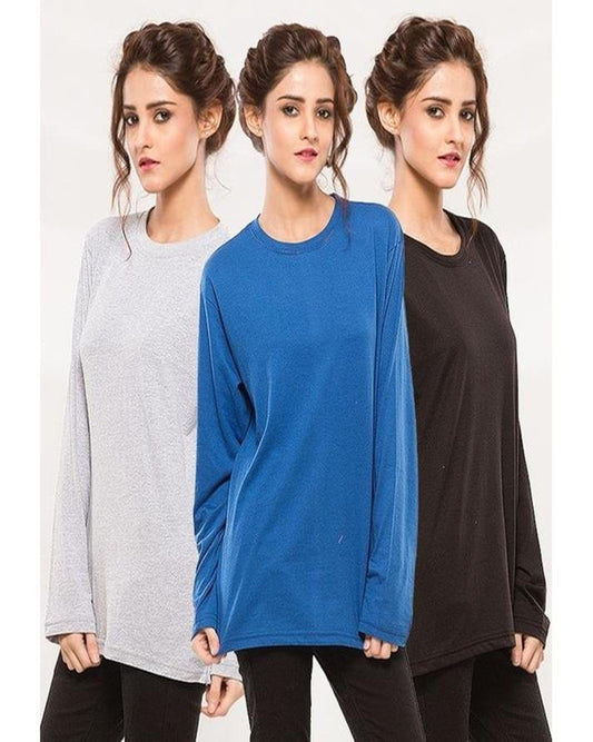 Pack Of 3 - Black Blue and Grey Cotton Plain T - Shirts For Women - HB INDUSTRIES - Tops & T - Shirts - 