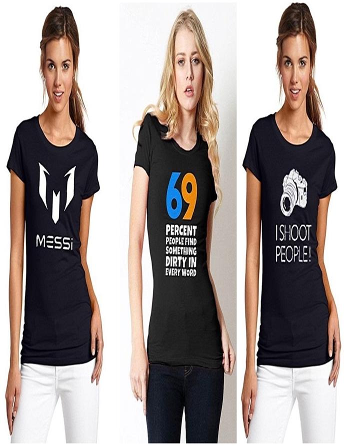 Pack Of 3 - Black Cotton Printed T - shirt For Women - HB INDUSTRIES - Tops & T - Shirts - 