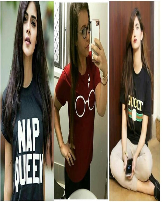 Pack Of 3 - Black Cotton Printed TShirt For Women - HB INDUSTRIES - Tops & T - Shirts - 