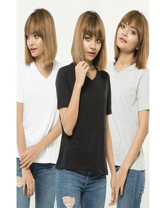 Pack of 3 - BlackWhite and Grey Cotton V - Neck T - Shirts For Her - HB INDUSTRIES - Tops & T - Shirts - 