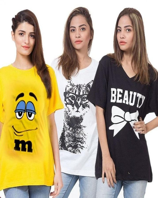 Pack of 3 - Multicolor Cotton Printed T - Shirt For Her - HB INDUSTRIES - Tops & T - Shirts - 