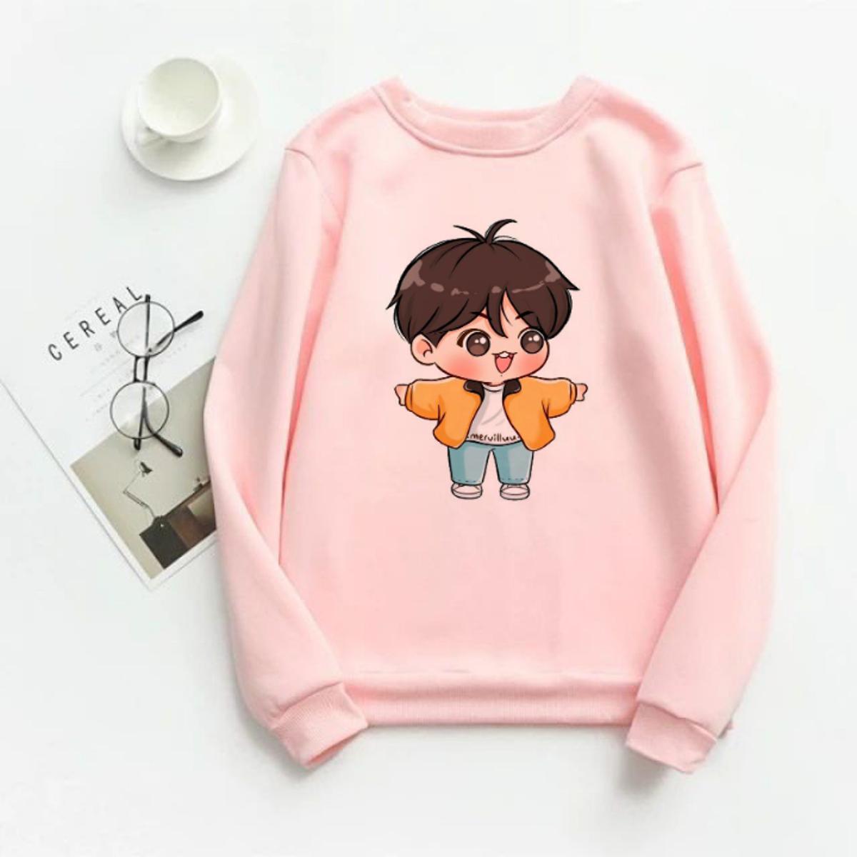 Pink Anime Cute Cartoon Printed Fleece Full Sleeves Sweatshirt For Women - HB INDUSTRIES - Hoodies & Sweatshirts - 