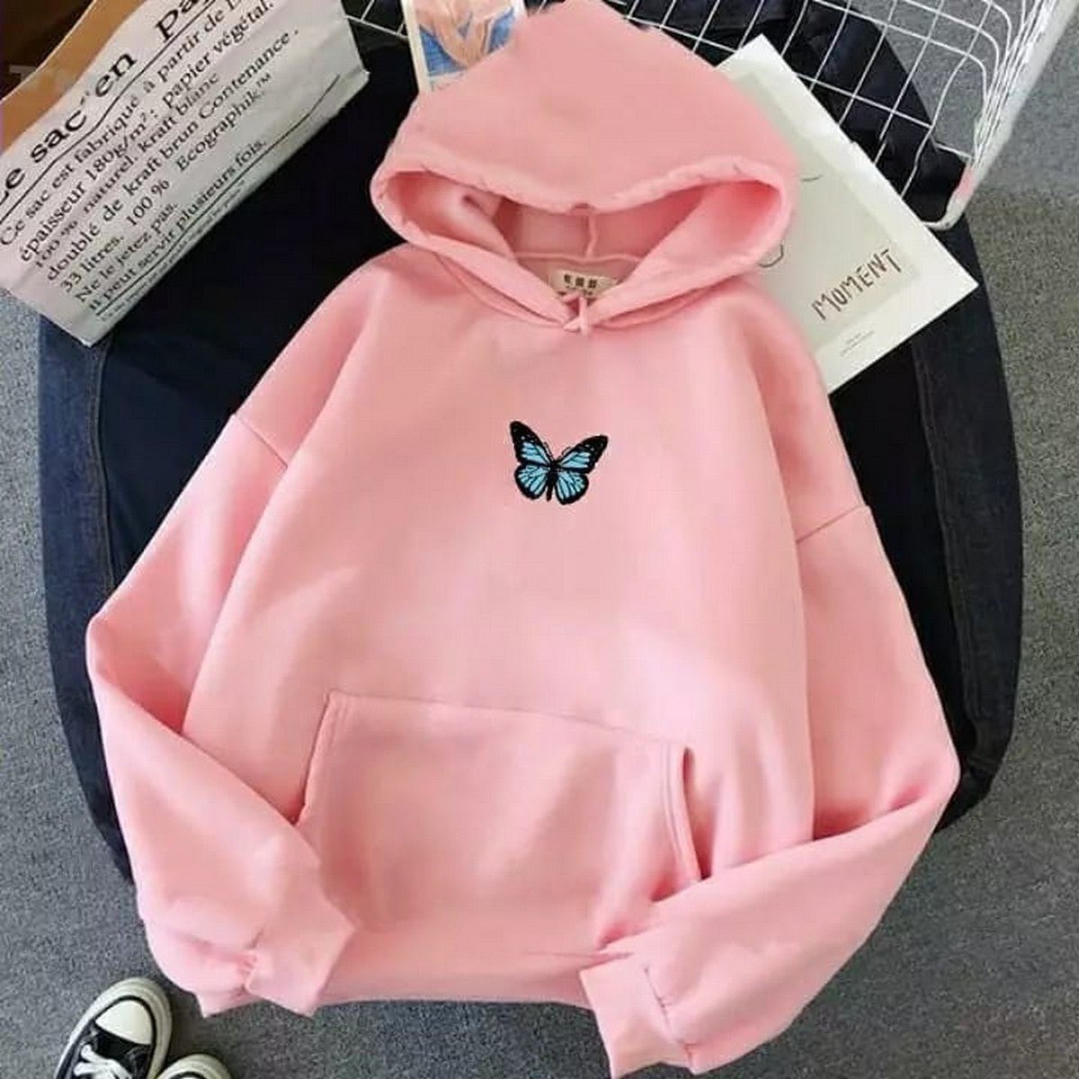 Pink Butterfly Fleece Full Sleeves Pull Over Hoodie For Women - HB INDUSTRIES - Hoodies & Sweatshirts - 