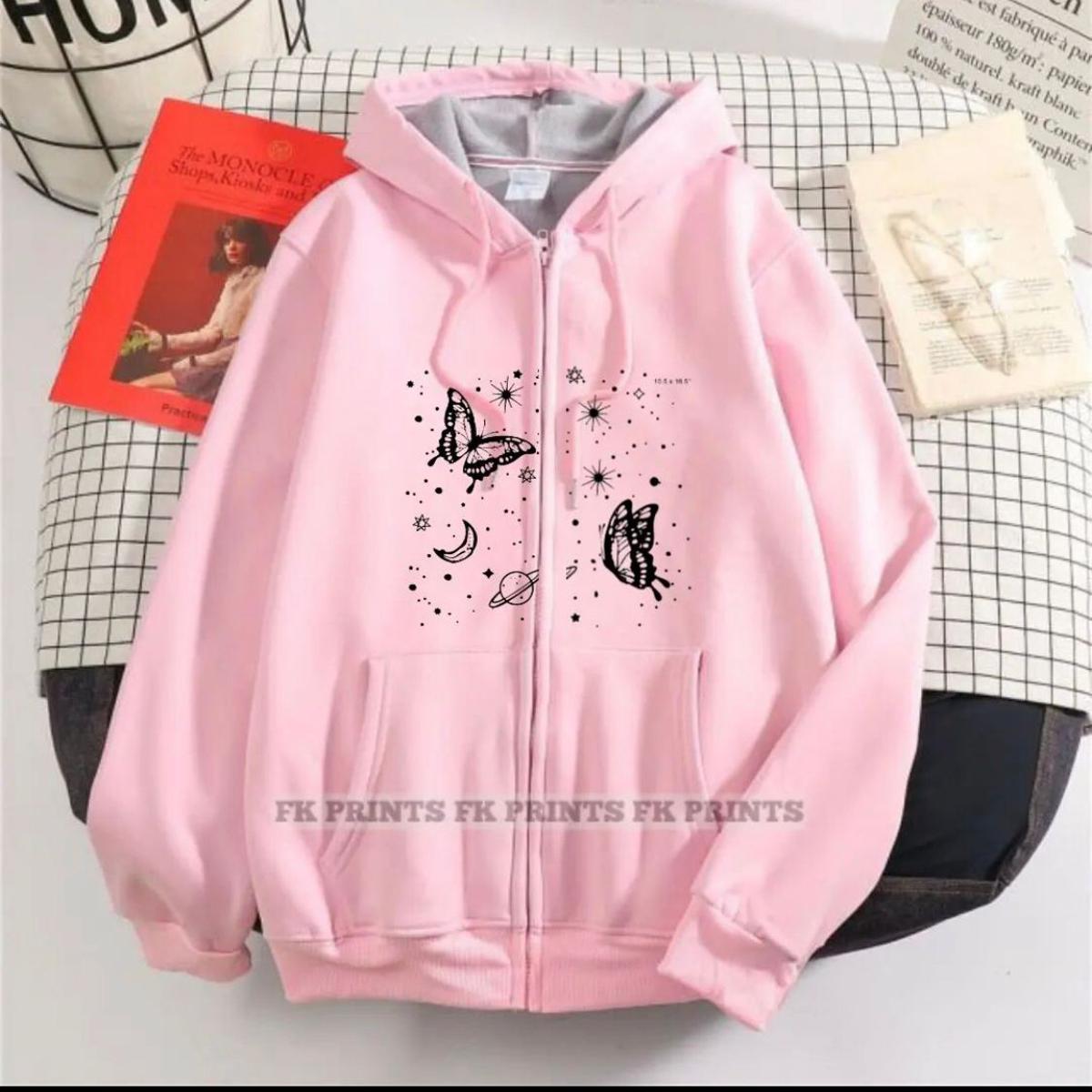PINK BUTTERFLY & STARS PRINTED FLEECE FULL SLEEVES ZIPPER HOODIE FOR WOMEN - HB INDUSTRIES - Hoodies & Sweatshirts - 