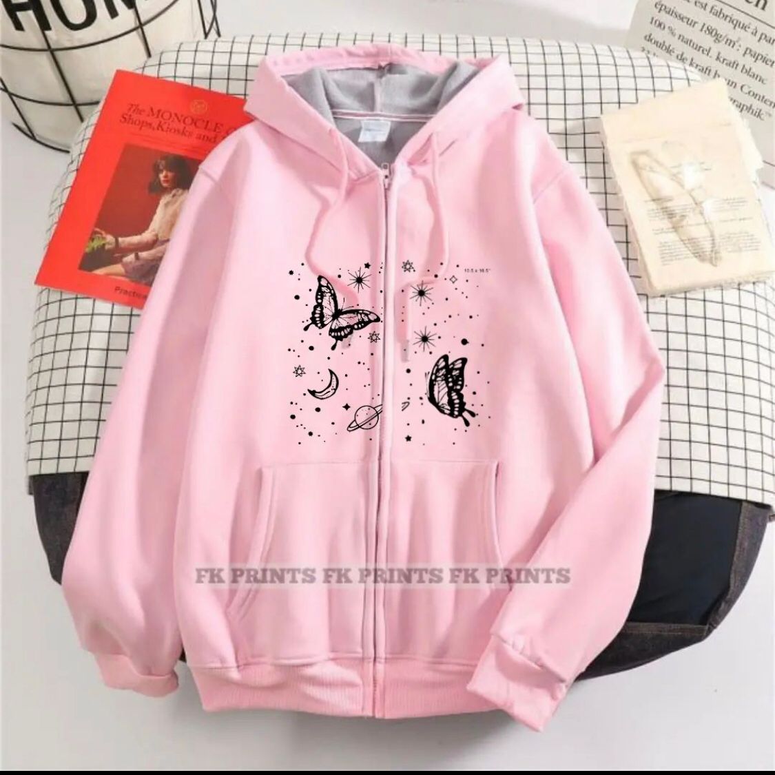 PINK BUTTERFLY & STARS PRINTED FLEECE FULL SLEEVES ZIPPER HOODIE FOR WOMEN - HB INDUSTRIES - Hoodies & Sweatshirts - 