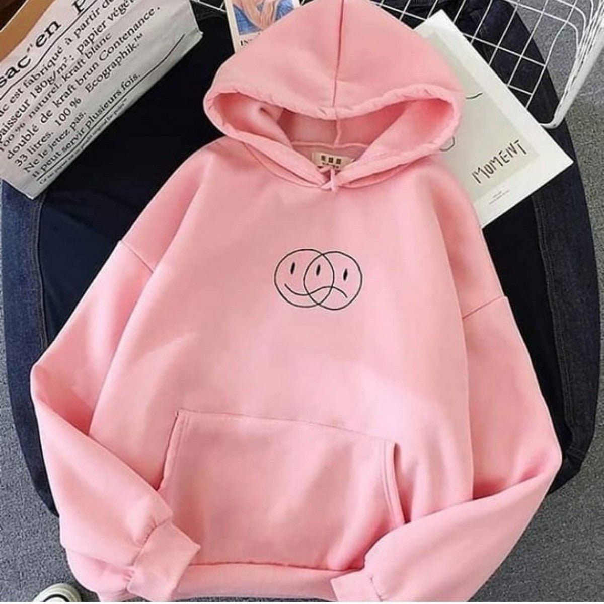 Pink Emoji Fleece Full Sleeves Pull Over Hoodie For Women - HB INDUSTRIES - Hoodies & Sweatshirts - 