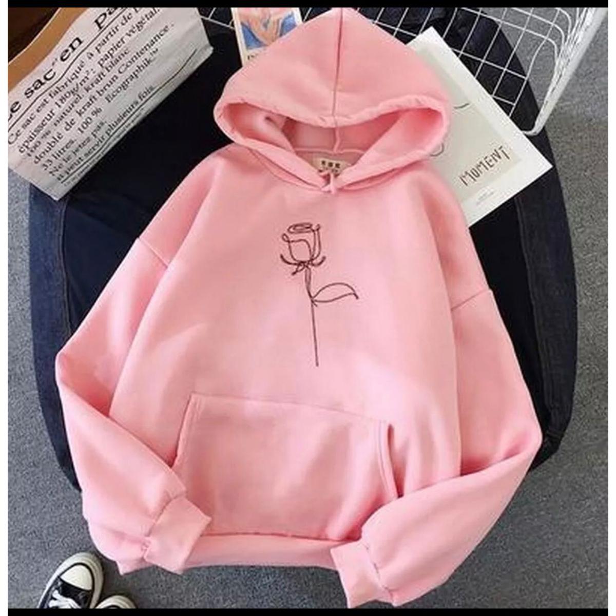Pink Line Art Rose Printed Fleece Full Sleeves Pull Over Hoodie For Women - HB INDUSTRIES - Hoodies & Sweatshirts - 