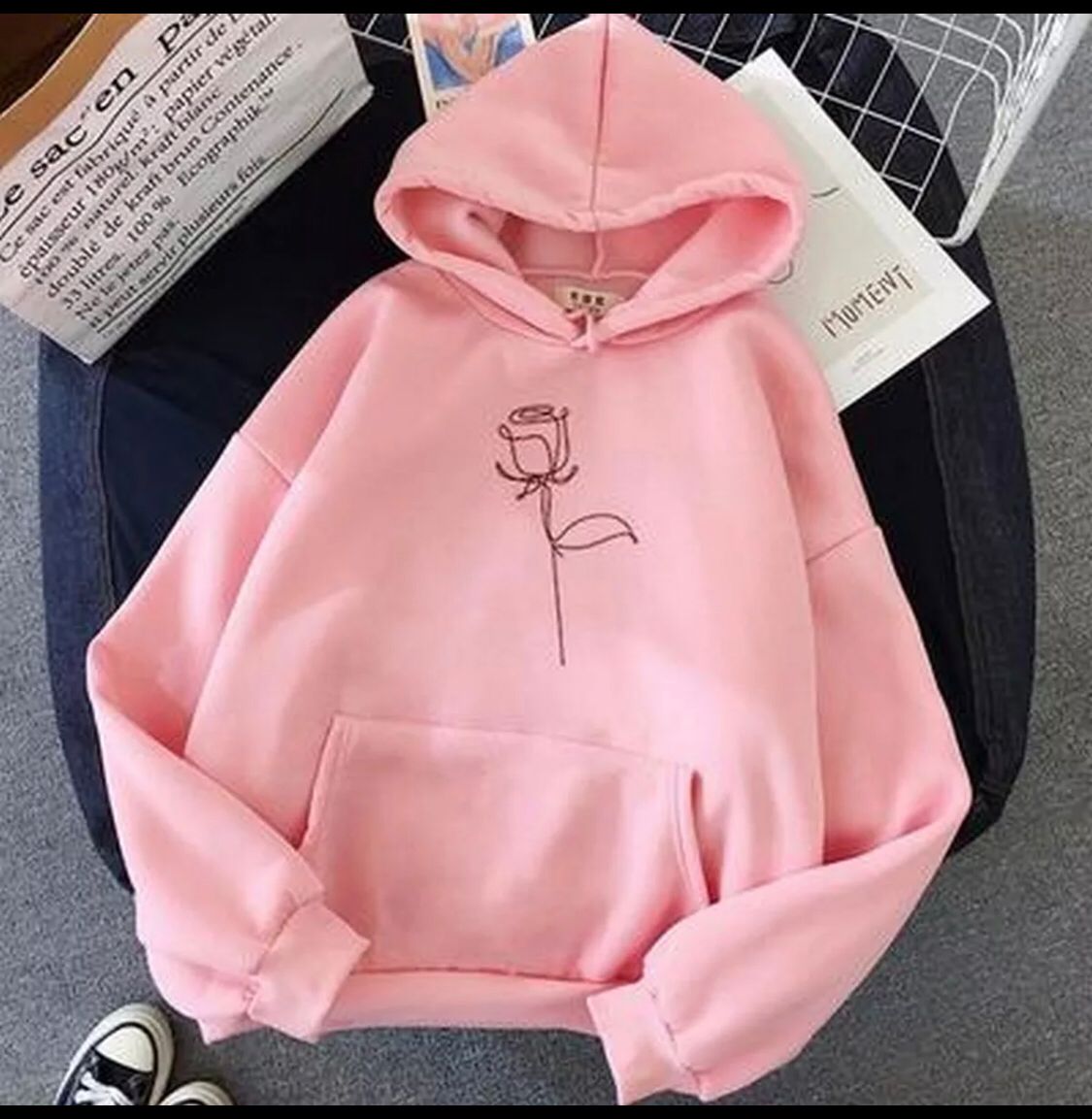 Pink Line Art Rose Printed Fleece Full Sleeves Pull Over Hoodie For Women - HB INDUSTRIES - Hoodies & Sweatshirts - 