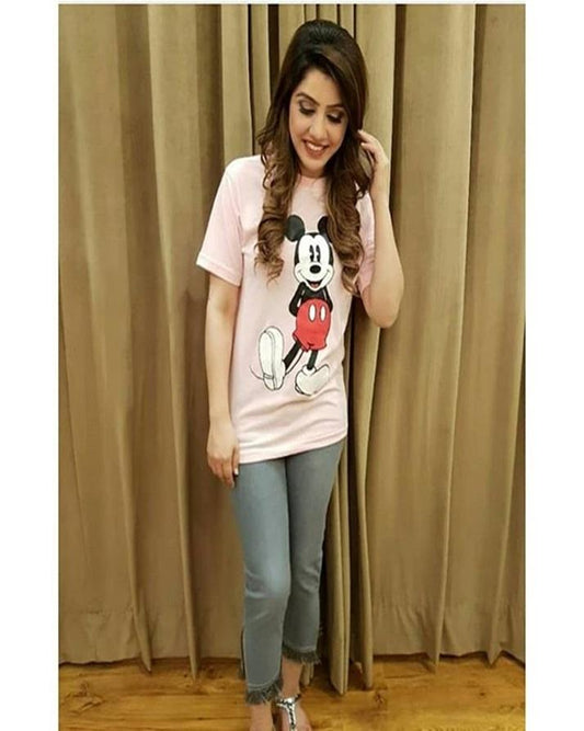 Pink Micky Cotton Printed T - Shirt For Women - HB INDUSTRIES - Tops & T - Shirts - 