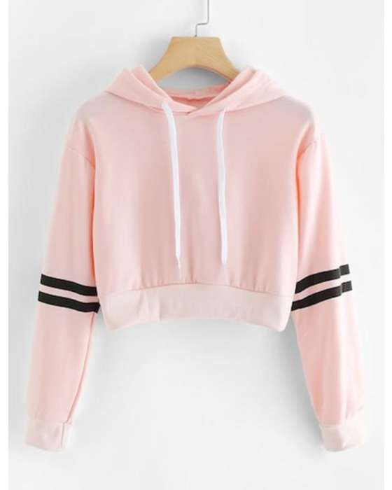 PINK STRIP ON ARM CROPPED HOODIE FOR womens 504 - HB INDUSTRIES - Hoodies & Sweatshirts - 