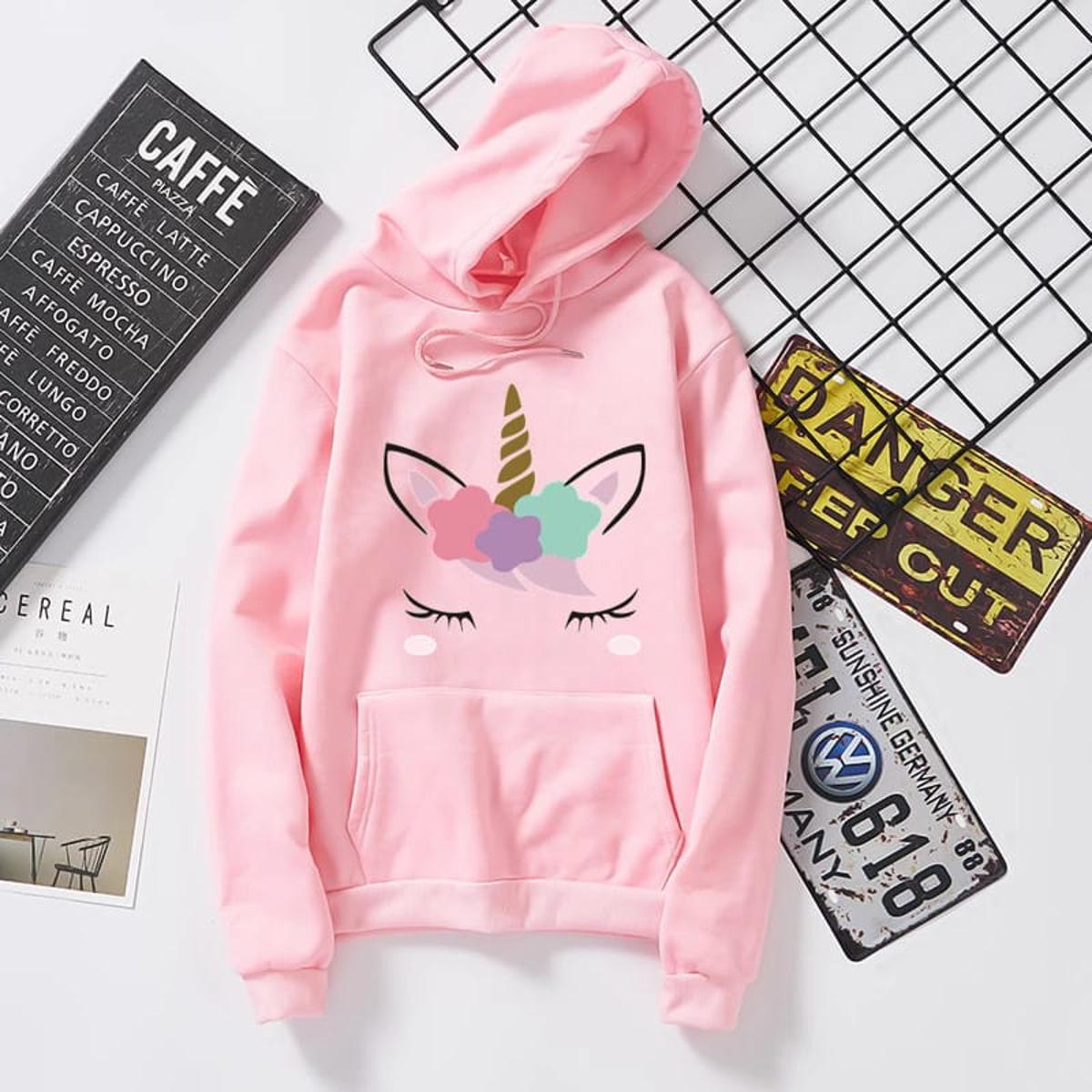 Pink Unicorn Fleece Full Sleeves Pull Over Hoodie For Women - HB INDUSTRIES - Hoodies & Sweatshirts - 