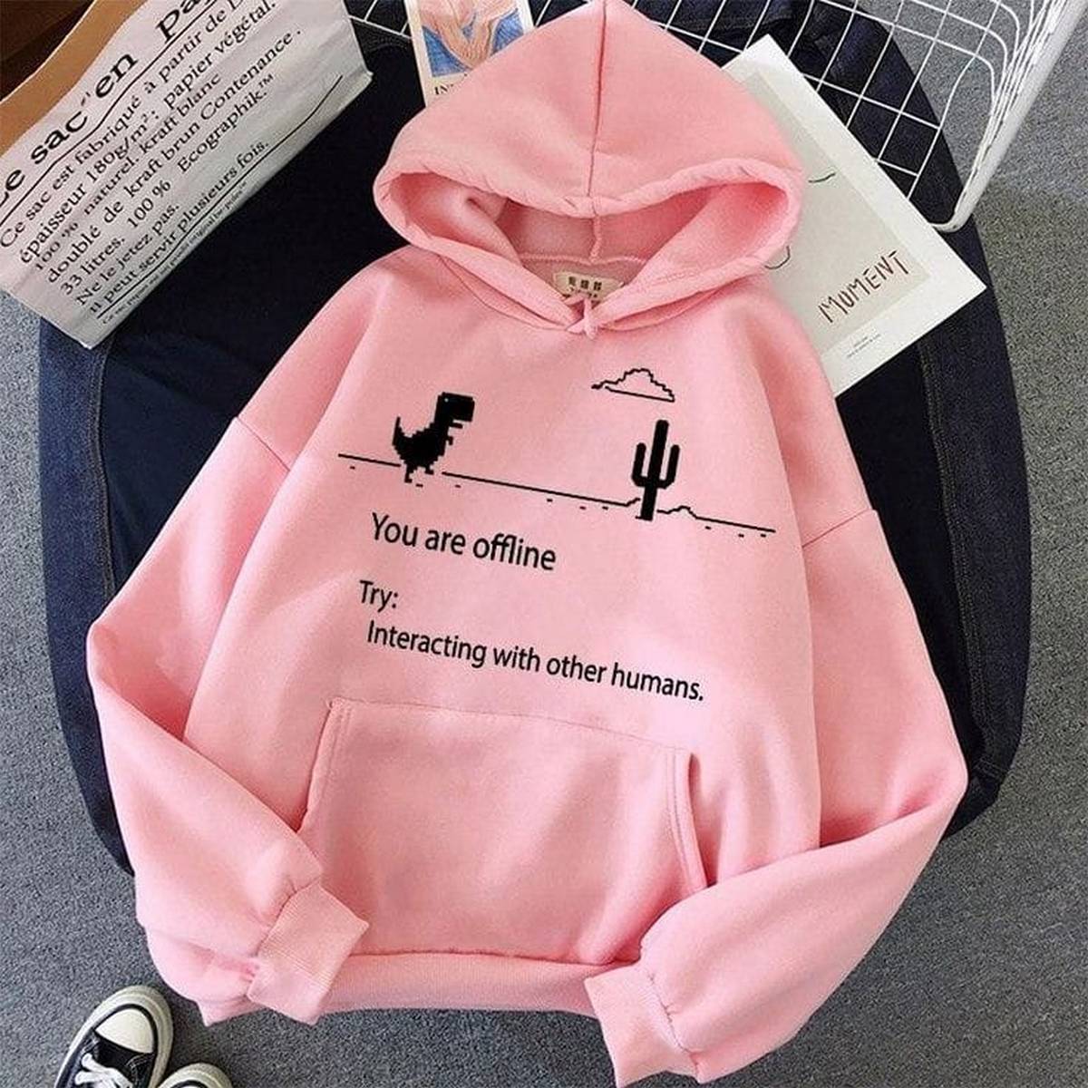 Pink You Are Offline Fleece Full Sleeves Pull Over Hoodie For Women - HB INDUSTRIES - Hoodies & Sweatshirts - 