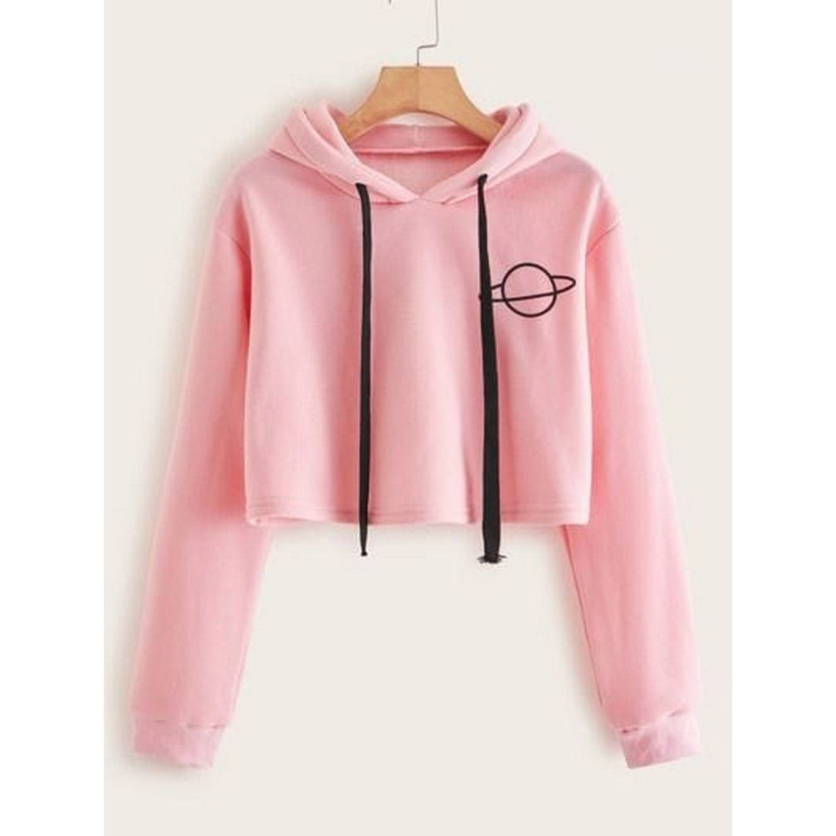 Planet Pink Printed Fleece Full Sleeves Cropped Pull Over Hoodie For Women - HB INDUSTRIES - Hoodies & Sweatshirts - 