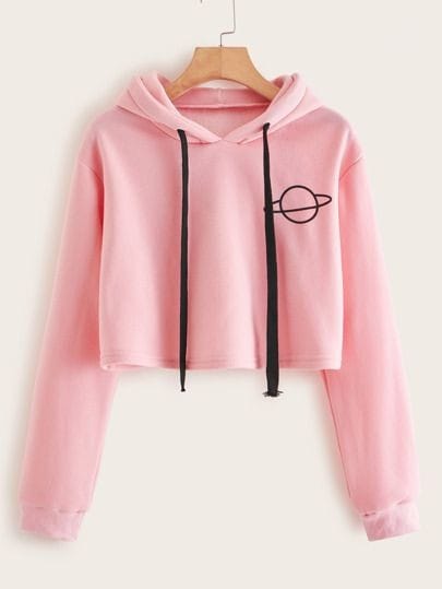 Planet Pink Printed Fleece Full Sleeves Cropped Pull Over Hoodie For Women - HB INDUSTRIES - Hoodies & Sweatshirts - 
