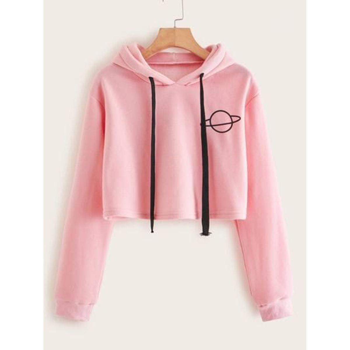 Planet Pink Printed Fleece Full Sleeves Cropped Pull Over Hoodie For Women - HB INDUSTRIES - Hoodies & Sweatshirts - 