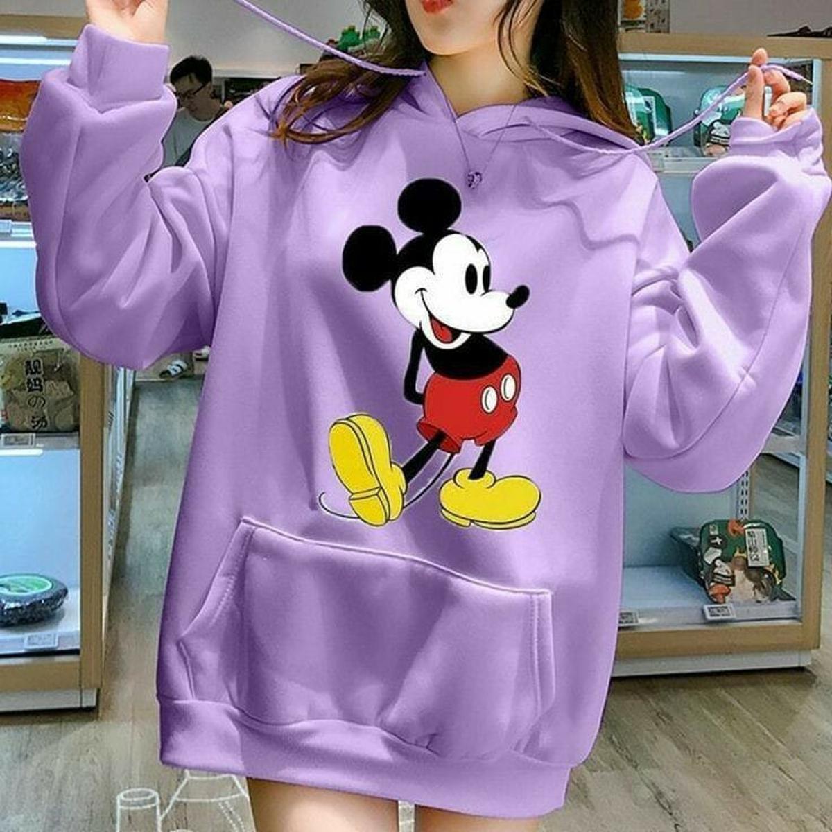 Purple Mickey Mouse Printed Fleece Full Sleeves Pull Over Hoodie For Women - HB INDUSTRIES - Hoodies & Sweatshirts - 