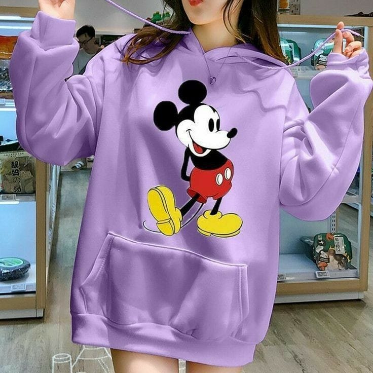 Purple Mickey Mouse Printed Fleece Full Sleeves Pull Over Hoodie For Women - HB INDUSTRIES - Hoodies & Sweatshirts - 